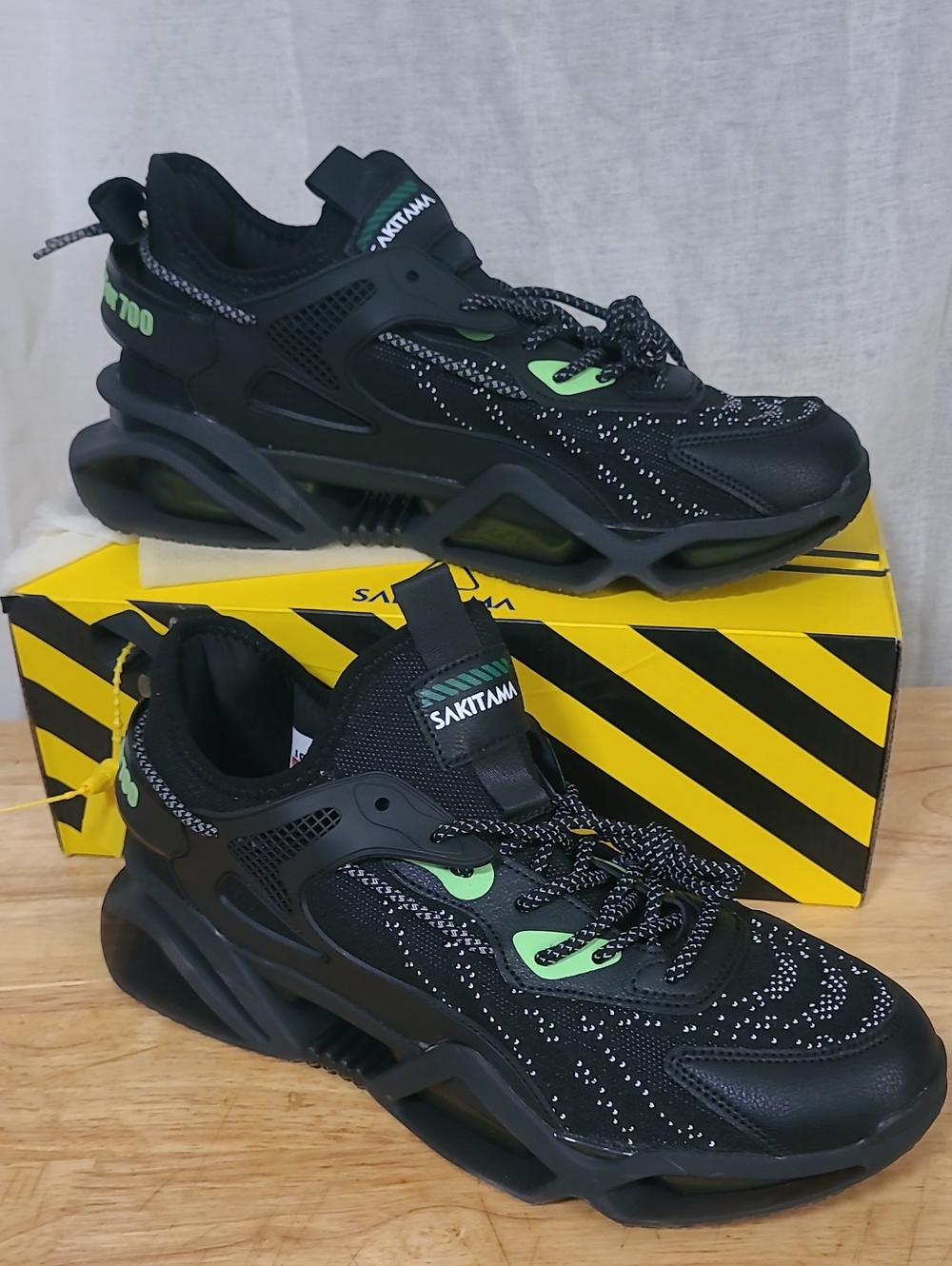 Men's Black Athletic Sneakers with Neon Green Accents